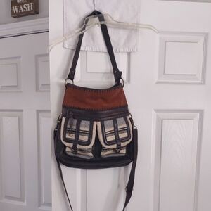 "The Sak"  vintage Boho style suede, brown leather and fabric ladies crossbody